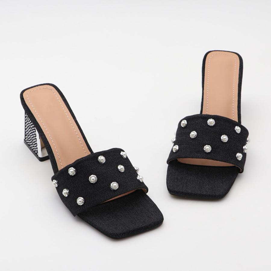【並行輸入品】NEUUGO Women'S Luxury Denim Low Block Heeled Slides Sandals Withの画像