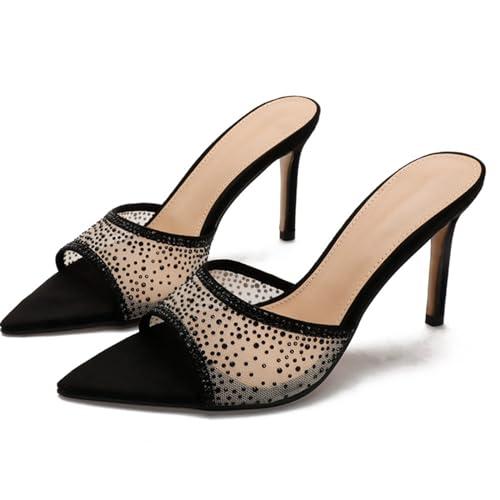 【並行輸入品】LIPIJIXI Womens Stiletto Heel Rhinestone Mesh Mules Slip On Poinの画像