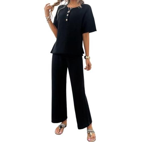 【並行輸入品】ELFTOWN Women's Casual 2 Piece Outfits Knit Short Sleeve Button