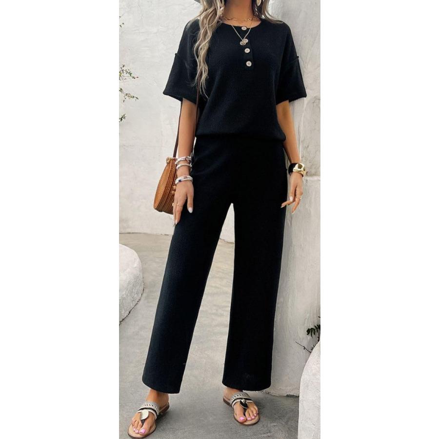 【並行輸入品】ELFTOWN Women's Casual 2 Piece Outfits Knit Short Sleeve Button