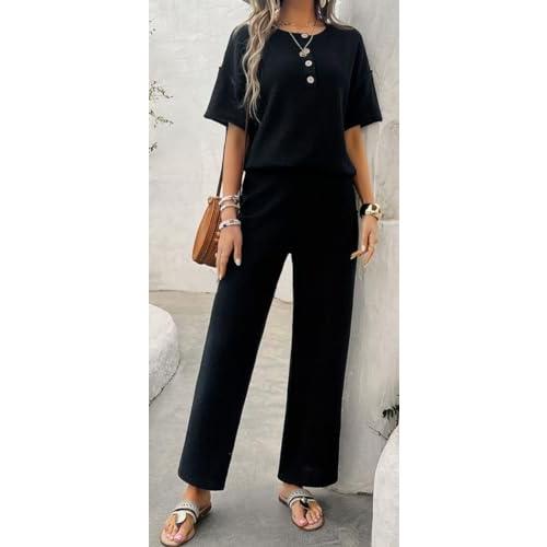 【並行輸入品】ELFTOWN Women's Casual 2 Piece Outfits Knit Short Sleeve Button