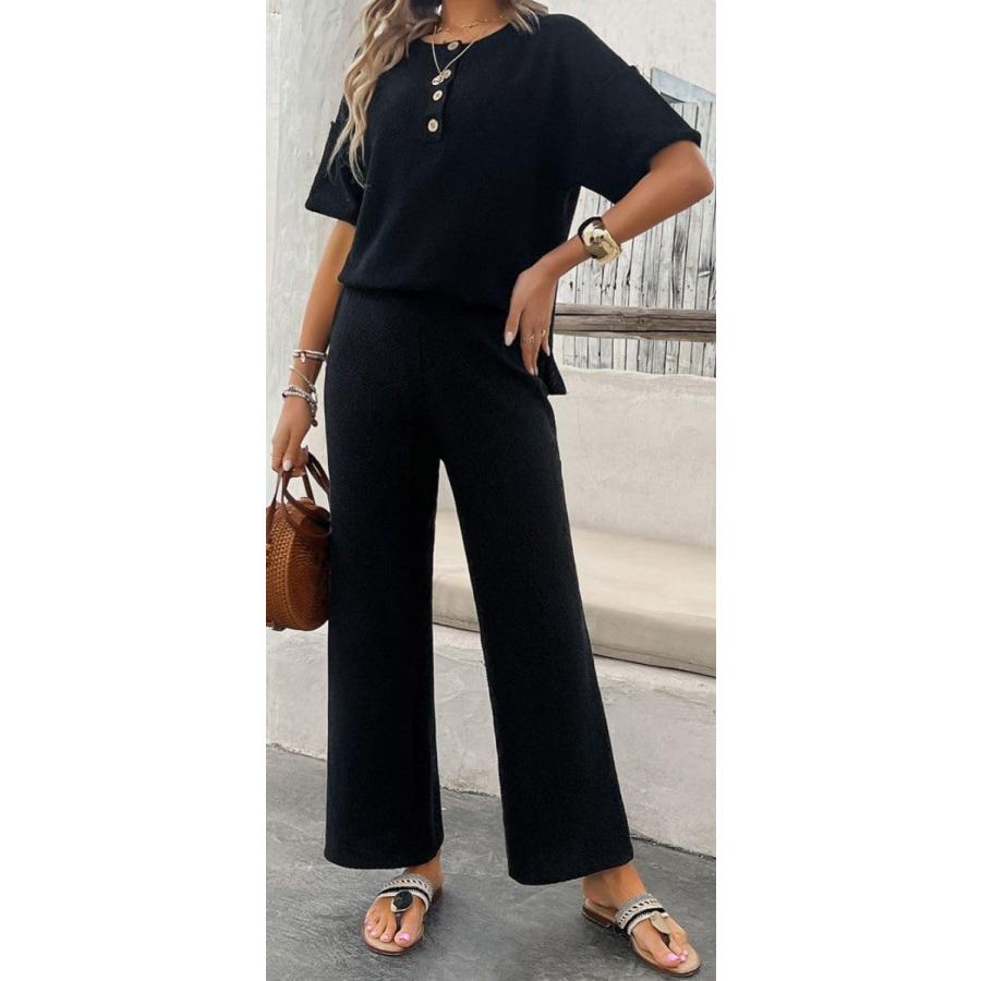 【並行輸入品】ELFTOWN Women's Casual 2 Piece Outfits Knit Short Sleeve Button