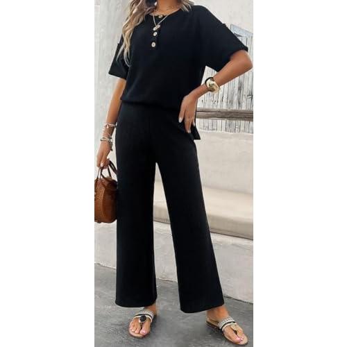 【並行輸入品】ELFTOWN Women's Casual 2 Piece Outfits Knit Short Sleeve Button