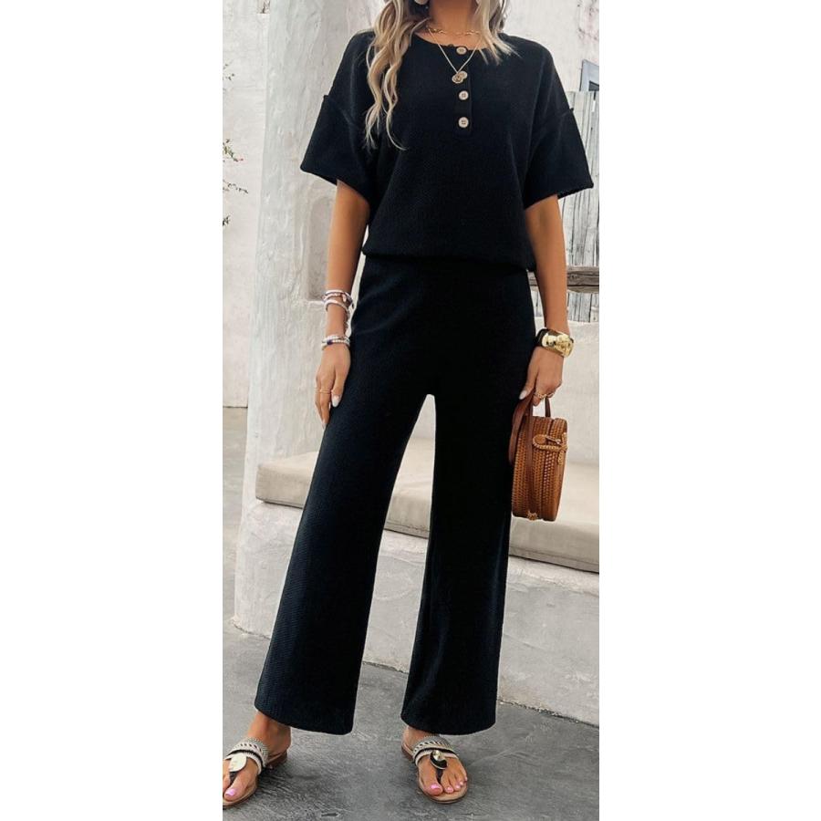 【並行輸入品】ELFTOWN Women's Casual 2 Piece Outfits Knit Short Sleeve Button