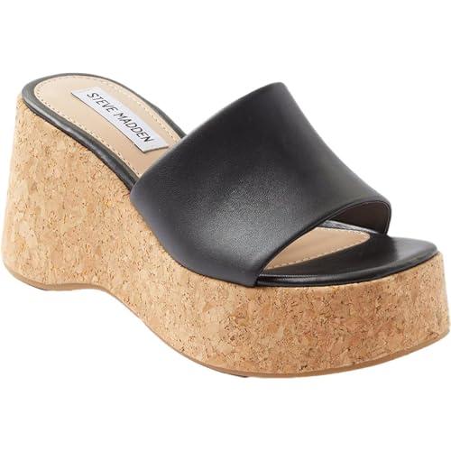 【並行輸入品】Steve Madden Womens Chippy Leather Slip On Wedge Sandals Black 6