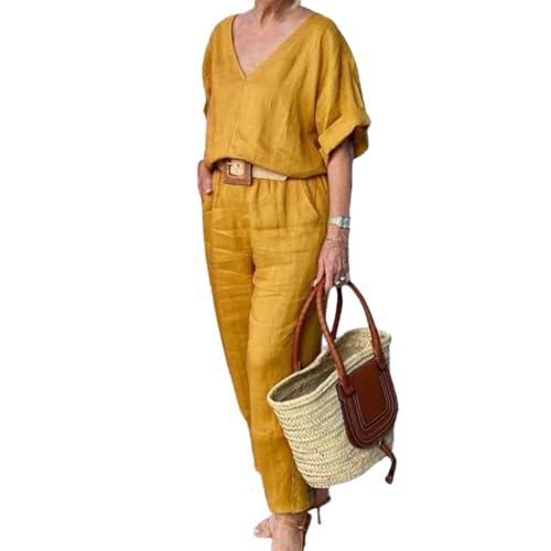 【並行輸入品】TIAFORD Women Half Sleeve 2 Piece Outfit Linen Top Long Wide Leg