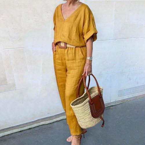 【並行輸入品】TIAFORD Women Half Sleeve 2 Piece Outfit Linen Top Long Wide Leg