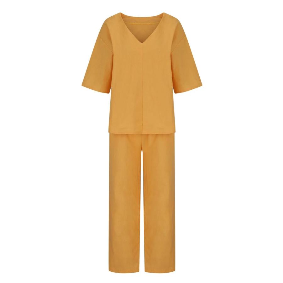 【並行輸入品】TIAFORD Women Half Sleeve 2 Piece Outfit Linen Top Long Wide Leg