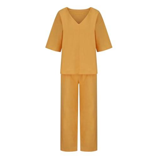 【並行輸入品】TIAFORD Women Half Sleeve 2 Piece Outfit Linen Top Long Wide Leg