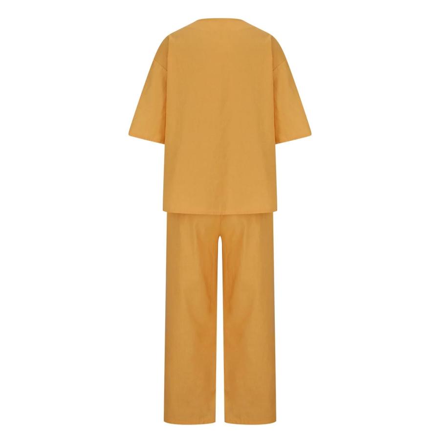【並行輸入品】TIAFORD Women Half Sleeve 2 Piece Outfit Linen Top Long Wide Leg