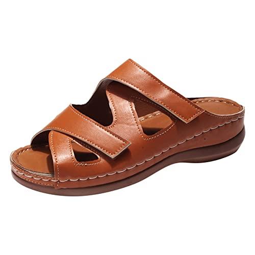 【並行輸入品】Orthopedic Slippers for Women 6 Wide Dressy Brown Wedge Sandalsの画像
