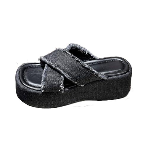 【並行輸入品】HEELOJI Women'S Denim Crossstrap Thick Sole Slides Sandals Summeの画像