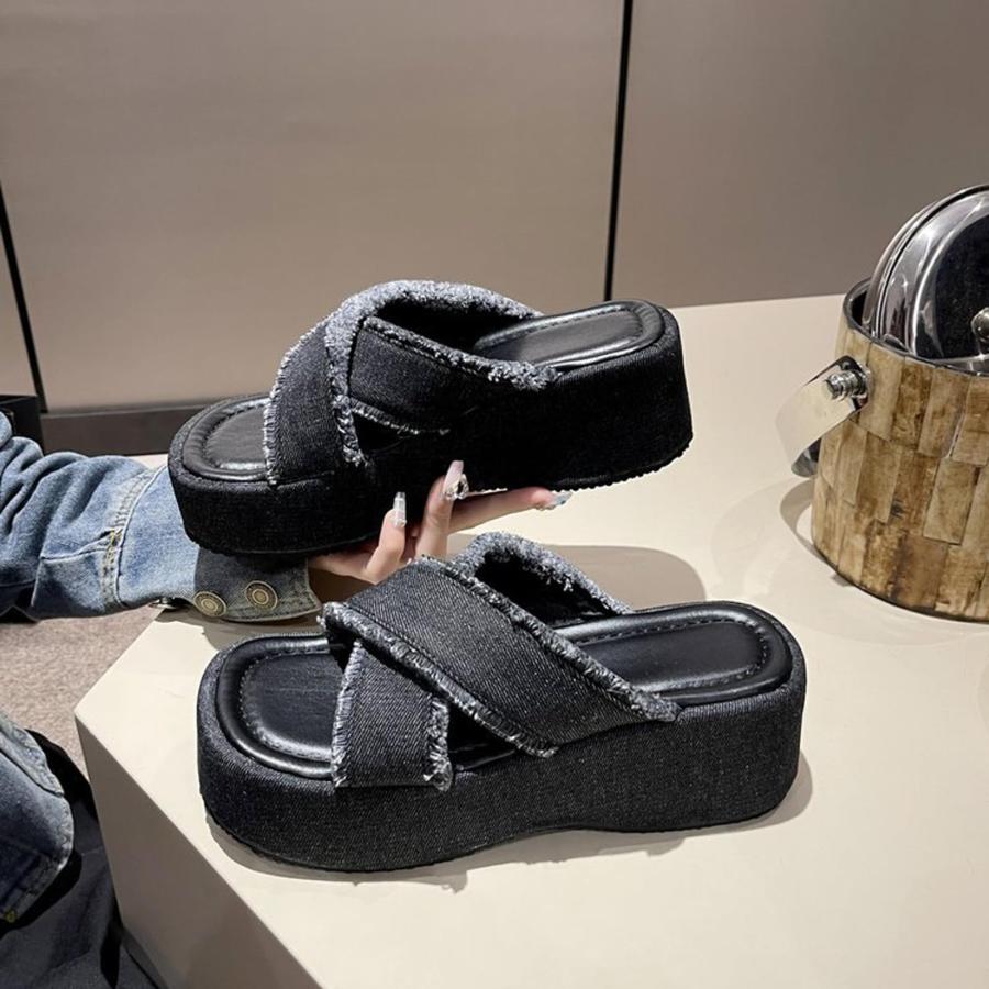 【並行輸入品】HEELOJI Women'S Denim Crossstrap Thick Sole Slides Sandals Summeの画像