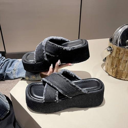 【並行輸入品】HEELOJI Women'S Denim Crossstrap Thick Sole Slides Sandals Summeの画像