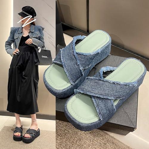 【並行輸入品】HEELOJI Women'S Denim Crossstrap Thick Sole Slides Sandals Summeの画像