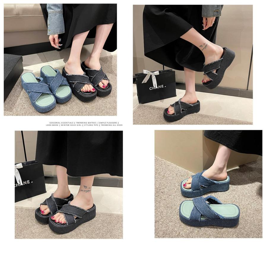 【並行輸入品】HEELOJI Women'S Denim Crossstrap Thick Sole Slides Sandals Summeの画像