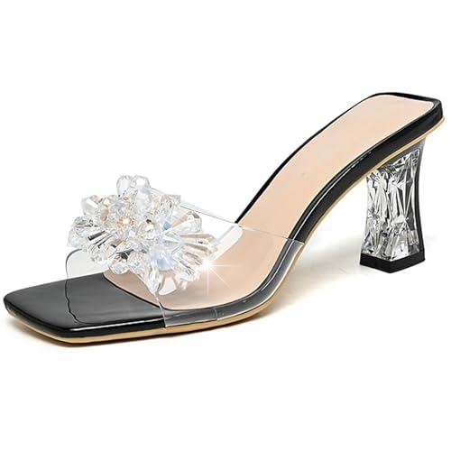 【並行輸入品】DEVILEYEZE Women Rhinestones Clear Chunky High Heeled Mule Sandaの画像