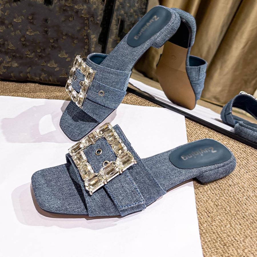 【並行輸入品】ZUYIYIA Women’s Rhinestone Square Open Toe Flat Sandals,Fashionの画像