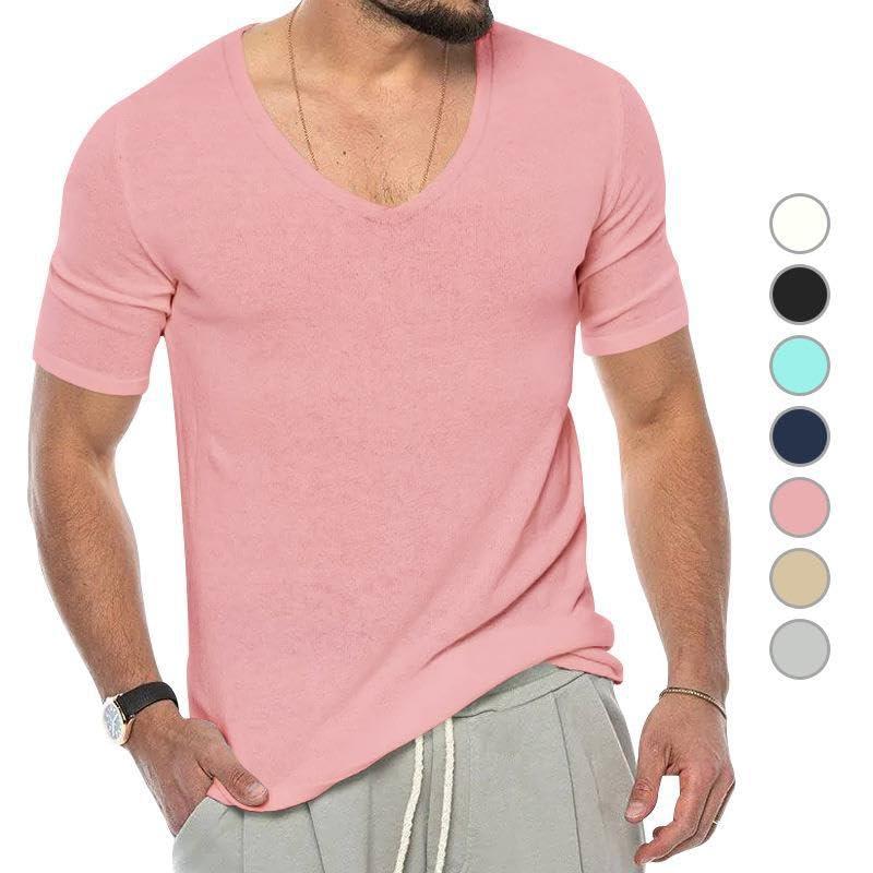 【並行輸入品】Men's Summer Breathable Solid T Shirts V Neck Moisture Wicking Q_8