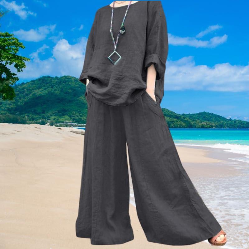【並行輸入品】ZOCAVIA 2 Piece Cotton Linen Set for Women Summer Solid Baggy Lo