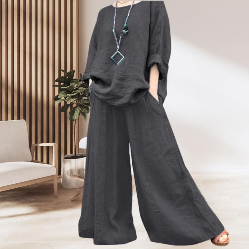 【並行輸入品】ZOCAVIA 2 Piece Cotton Linen Set for Women Summer Solid Baggy Lo