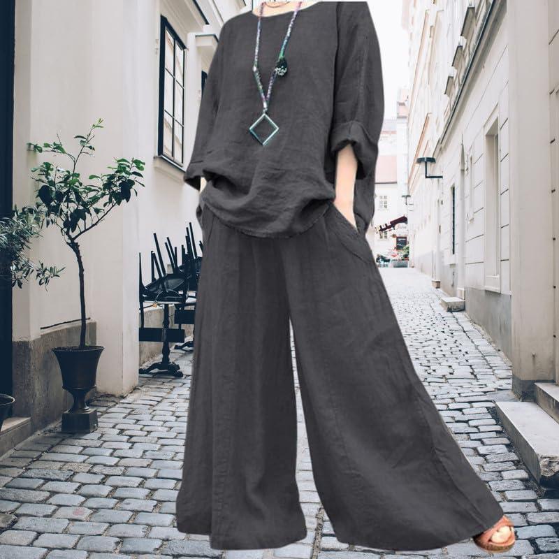 【並行輸入品】ZOCAVIA 2 Piece Cotton Linen Set for Women Summer Solid Baggy Lo
