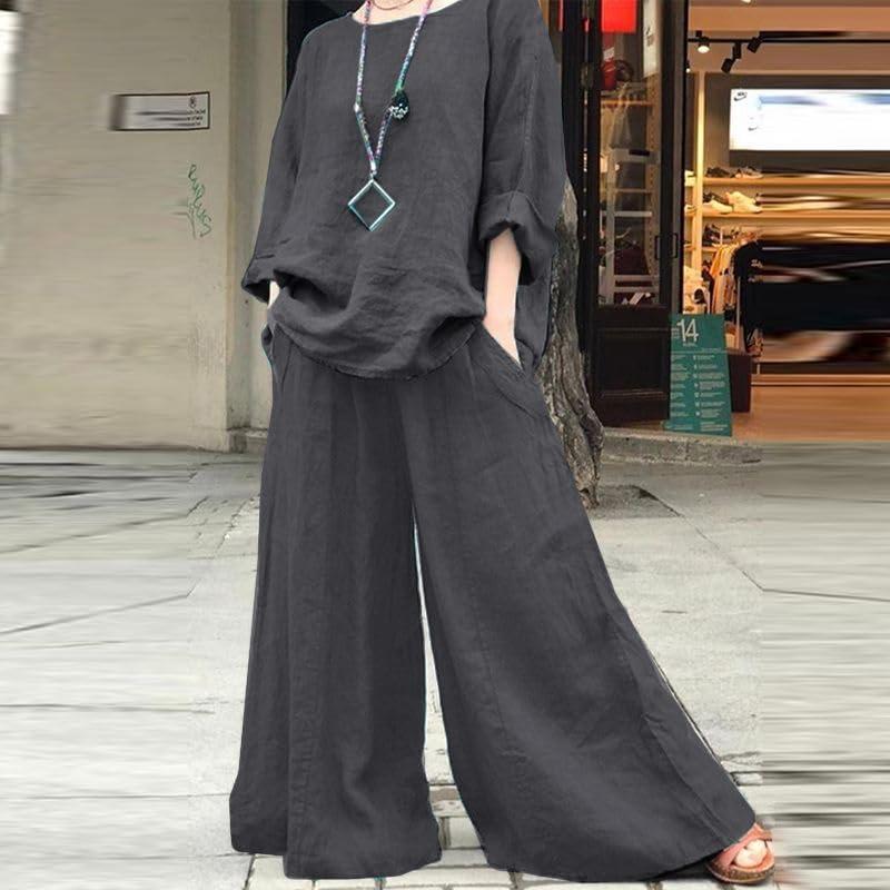 【並行輸入品】ZOCAVIA 2 Piece Cotton Linen Set for Women Summer Solid Baggy Lo