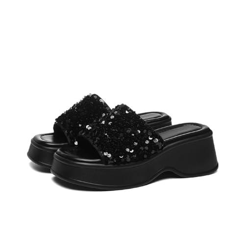 【並行輸入品】LVOMU Women's Sequins Glitter Platform Increase Height Slides Saの画像