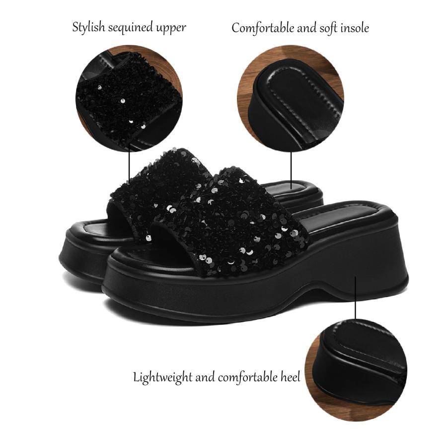 【並行輸入品】LVOMU Women's Sequins Glitter Platform Increase Height Slides Saの画像