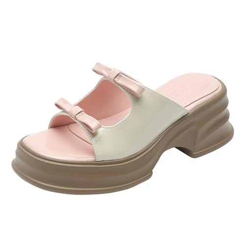 【並行輸入品】LVOMU Women's Bow Leather Color Matching Platform Slides Sandalsの画像