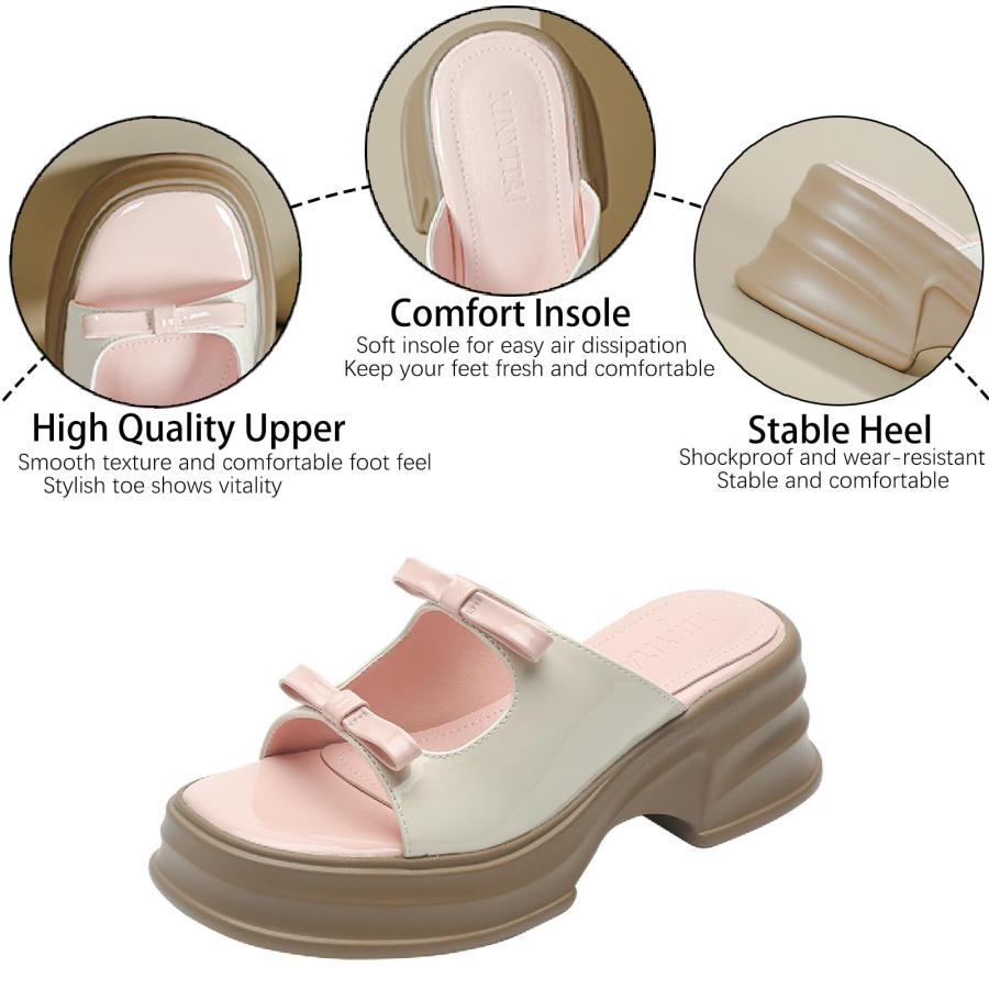 【並行輸入品】LVOMU Women's Bow Leather Color Matching Platform Slides Sandalsの画像