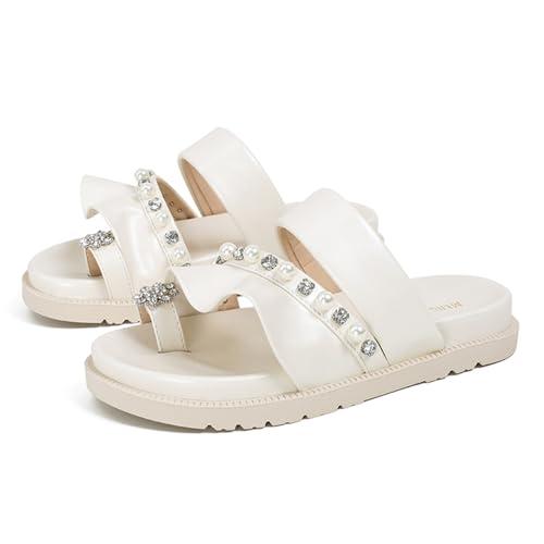 【並行輸入品】Crepuscute Women's Rhinestone Pearls Platform Slides Sandals Sliの画像