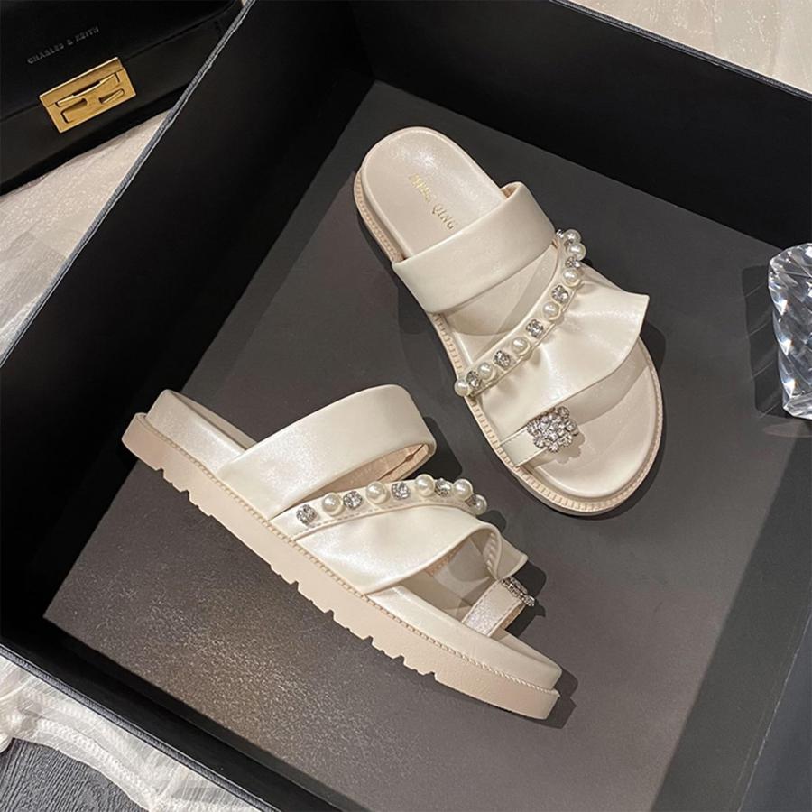【並行輸入品】Crepuscute Women's Rhinestone Pearls Platform Slides Sandals Sliの画像