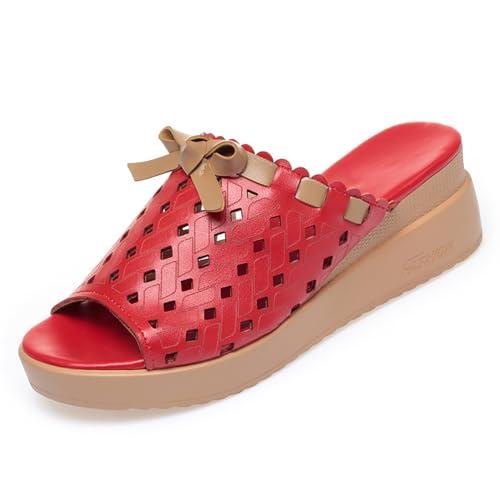【並行輸入品】LVOMU Women's Hollow Out Leather Bow Wedge Slides Sandals Fashioの画像