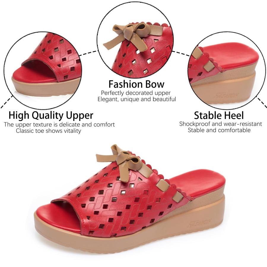 【並行輸入品】LVOMU Women's Hollow Out Leather Bow Wedge Slides Sandals Fashioの画像