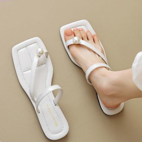 【並行輸入品】XOEKD Women Pearl Toe Ring Flat slides Sandals Fashion Square Opの画像