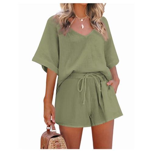 【並行輸入品】Women's 2 Piece Outfits Cotton Linen Set Casual Tracksuit V Neck
