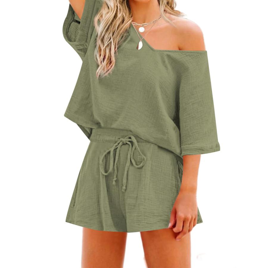 【並行輸入品】Women's 2 Piece Outfits Cotton Linen Set Casual Tracksuit V Neck