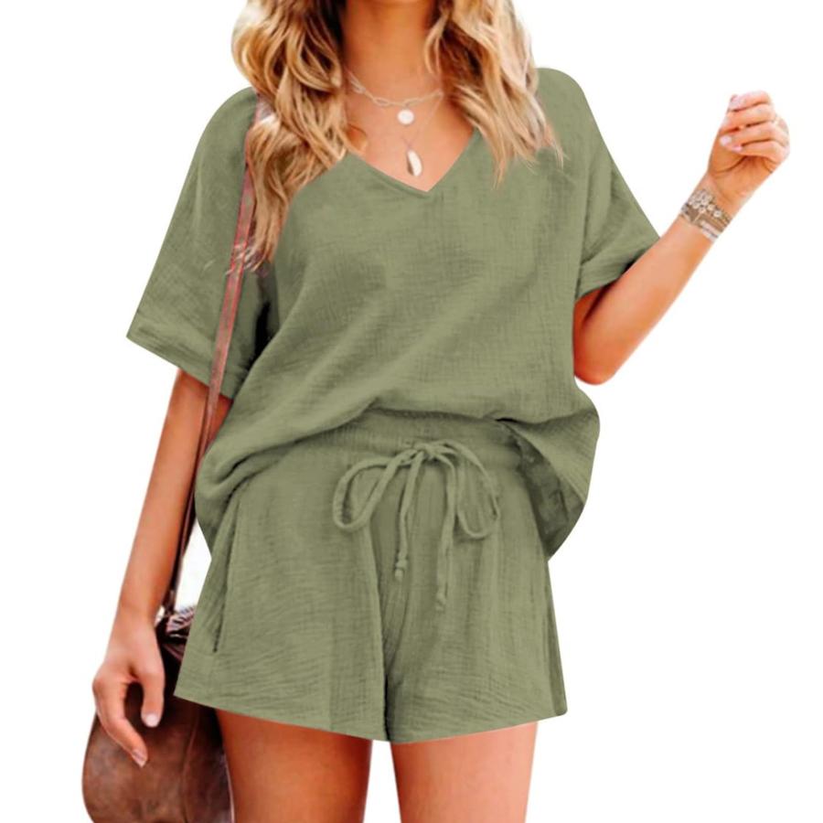 【並行輸入品】Women's 2 Piece Outfits Cotton Linen Set Casual Tracksuit V Neck
