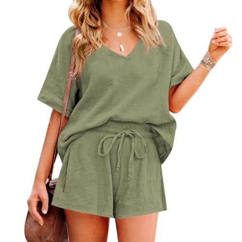 【並行輸入品】Women's 2 Piece Outfits Cotton Linen Set Casual Tracksuit V Neck