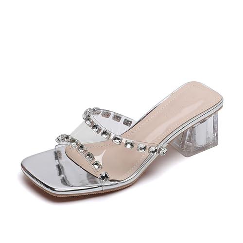 【並行輸入品】Ephirebra Women's Rhinestone Transparent Chunky Heel Sandals Sliの画像
