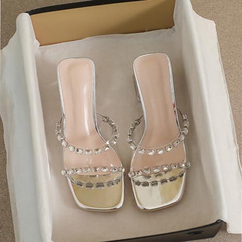 【並行輸入品】Ephirebra Women's Rhinestone Transparent Chunky Heel Sandals Sliの画像