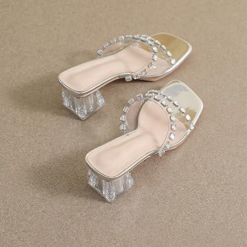 【並行輸入品】Ephirebra Women's Rhinestone Transparent Chunky Heel Sandals Sliの画像