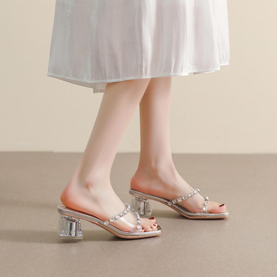 【並行輸入品】Ephirebra Women's Rhinestone Transparent Chunky Heel Sandals Sliの画像
