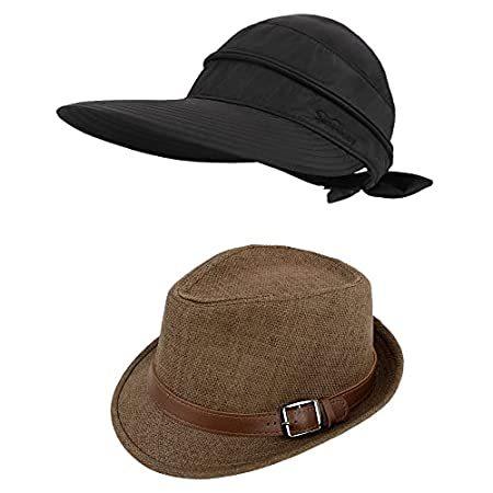 Simplicity 2 in 1 Sun Hats for Women Black and Straw Fedora Hats for Men/Wo