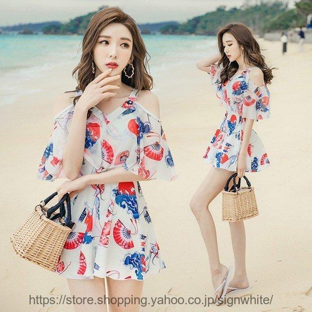 水着レディース 体型カバー 水着 ワンピース型 サロペット 肩出し 小胸バンドゥ 水着 花柄 韓国風 40代 大きいサイズ 可愛い スイムウェア 温泉 ママ水着 Bfwisixzyh ファッション Pci Edu Pe
