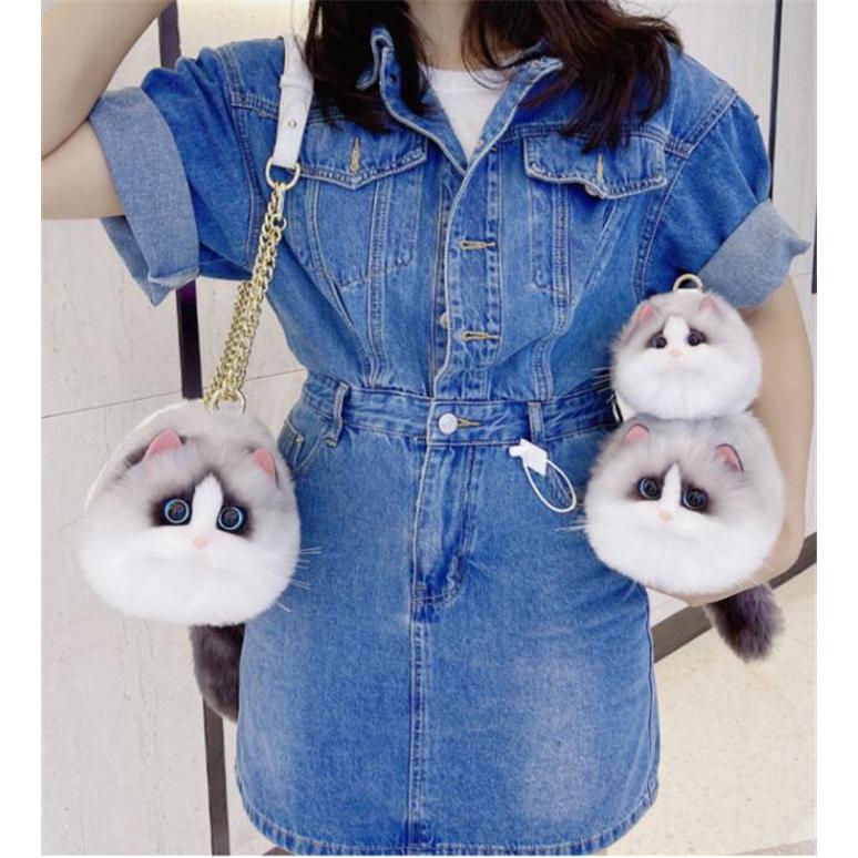 【送料込み】ハンドメイド　猫形　鞄　がま口　手提げ　2点 ショルダーバッグ ねこ 猫耳 シャム猫 猫 がま口 バッグ レディース 猫
