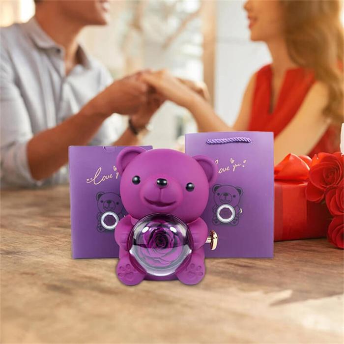 プリザーブドローズ付きアクリルベア クマのネックレスボックス