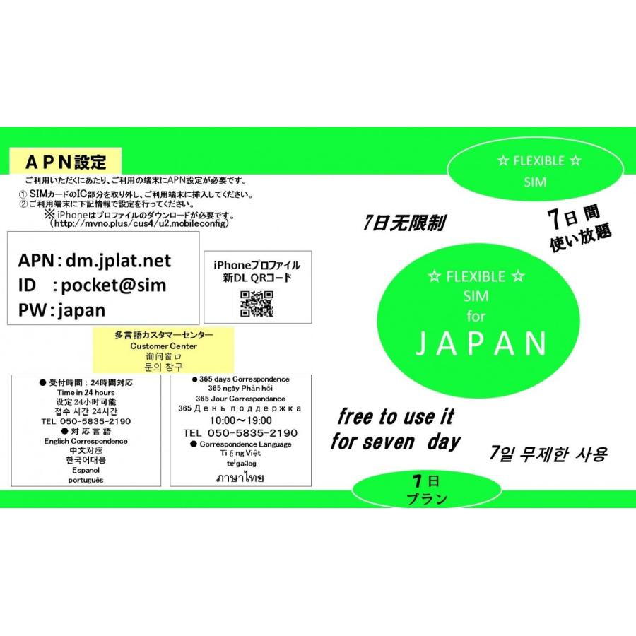 FLEXBLE ☆ SIM ☆JAPAN 国内データ通信SIMカード 【 7日間 使い放題 プラン 】 （NANO SIM 対応） NTTdocomo 高速LTE 無制限 タイプ Only in Japan | 