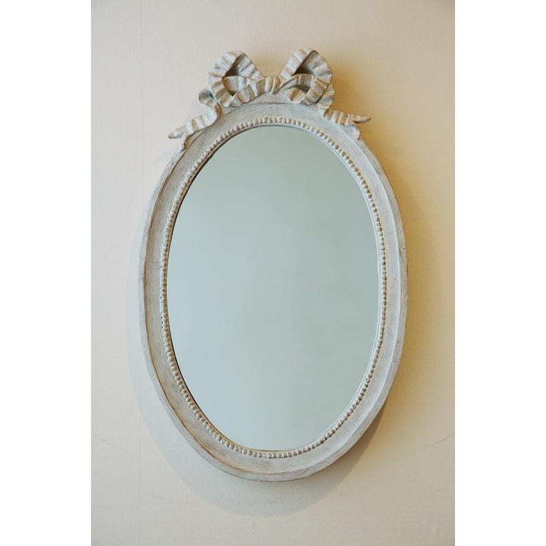 リボン 鏡 おしゃれ オーバル ウォールミラー グレー アンティーク調